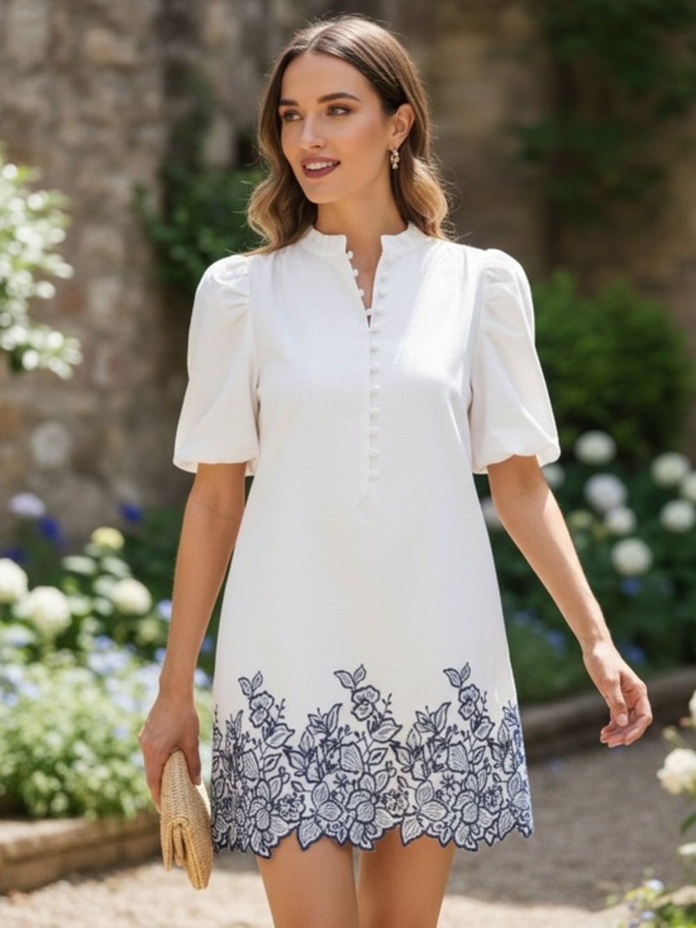 Large Hyacinth House White and Navy Embroidery Mimi Mini Dress
